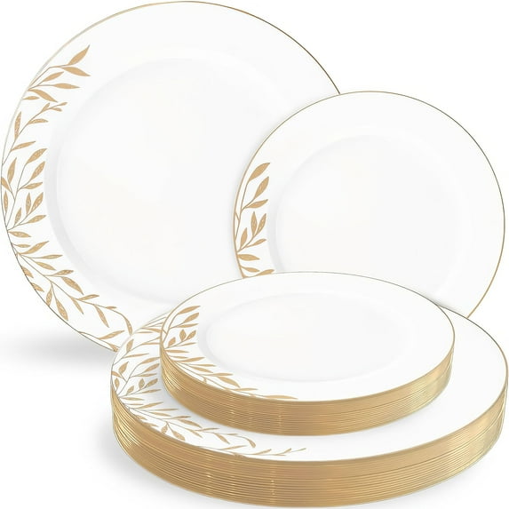 Blue Sky Foliage Collection White & AFN1Gold Combo - 32 Count | White Disposable Plastic Plate Set with 16 Lunch Plates 7.5" & 16 Dinner Plates 10" with Gold Border and Leaf Design