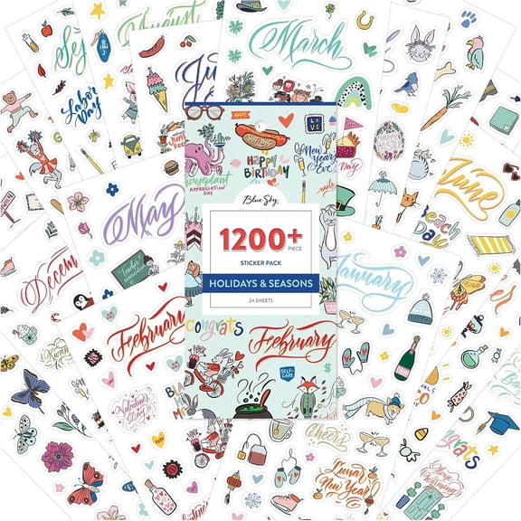 Blue Sky Holidays & Seasons 1200+ Sticker Pack, Planner and Calendar Pack, 4.49 x 9.06, Full Color, 24 Sheets