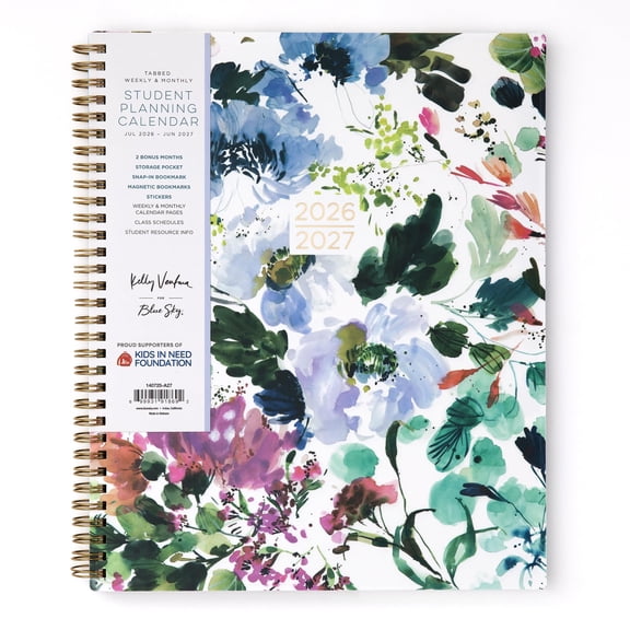 Blue Sky Kelly Ventura 2026-2027 Weekly and Monthly Academic Year Student Planning Calendar, July 2026 - June 2027, 8.5" x 11", Storage Pocket, Magnetic & Snap In Book Marks, Stickers, Blooming