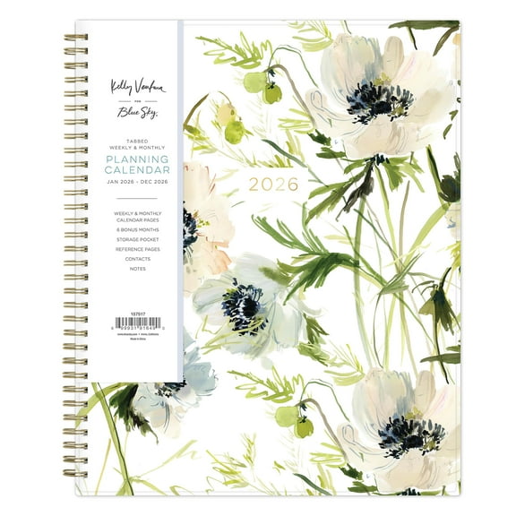 Blue Sky Kelly Ventura 2026 Weekly and Monthly Planner Calendar, January 2026 - December 2026, 8.5" x 11", Flexible Cover, Laminated Tabs, Durable Twin Wire Binding, Storage Pocket, Anemones