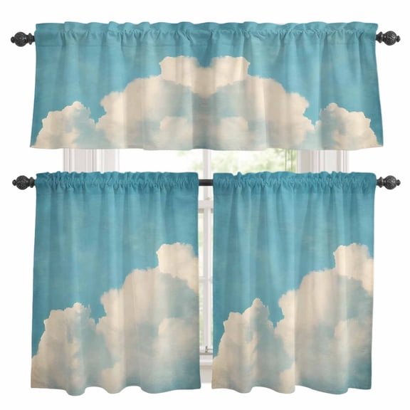 Blue Sky Kitchen Curtains Valances and Tiers Set of 3 Summer Vintage White Clouds Art Scenery Tier Curtains and Valance with Rod Pocket for Small Windows, 27.5"x24"
