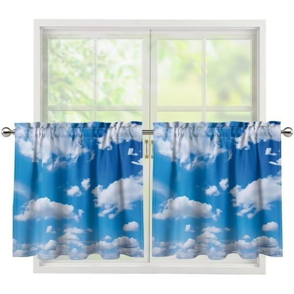 Blue Sky Kitchen Tier Curtains White Cloud Half Window Curtains 24 Inch Length Rod Pocket Small Window Curtains Treatment for Living Room Bedroom Decorations for Home