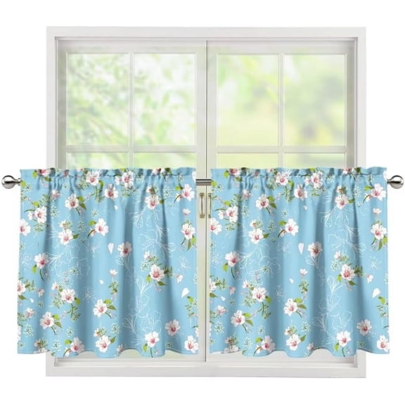 Blue Sky Kitchen Tier Curtains White Cloud Half Window Curtains 24 Inch Length Rod Pocket Small Window Curtains Treatment for Living Room Bedroom Decorations for Home