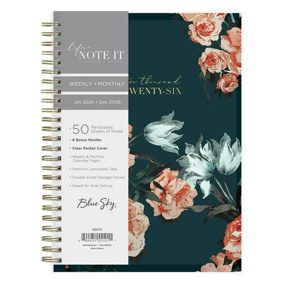 Blue Sky Life Note It 2026 Weekly and Monthly Planner Notes, January 2026 - December 2026, 5.875" x 8.625", Clear Pocket Cover, Wirebound, Storage Pocket, 50 Perforated Notes Sheets, Dania Dark