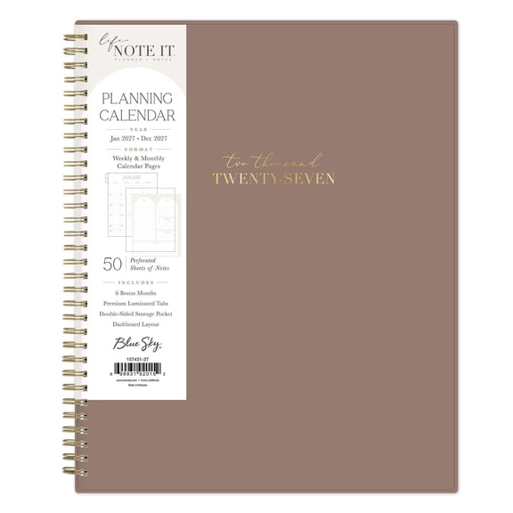 Blue Sky Life Note It 2027 Weekly and Monthly Planner Notes, January 2027 - December 2027, 8.5" x 11", Flexible Cover, Durable Twin Wire Binding, Storage Pocket, 50 Notes Sheets, Solid Latte