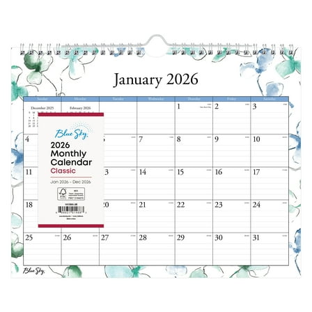 Blue Sky 2026 Monthly Wall Calendar, January 2026 - December 2026, Durable Twin Wire Binding, 11" x 8.75", Perfect For Home, Office And Classrooms, Lindley