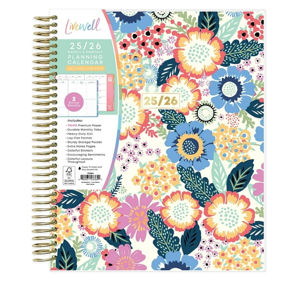 Blue Sky LiveWell 2025-2026 Academic Year Weekly and Monthly Planner Calendar, July 2025 - June 2026, 12-Month, 7" x 9",Flexible Cover, Wirebound, Laminated Tabs, Storage Pocket, Stickers, Charmie