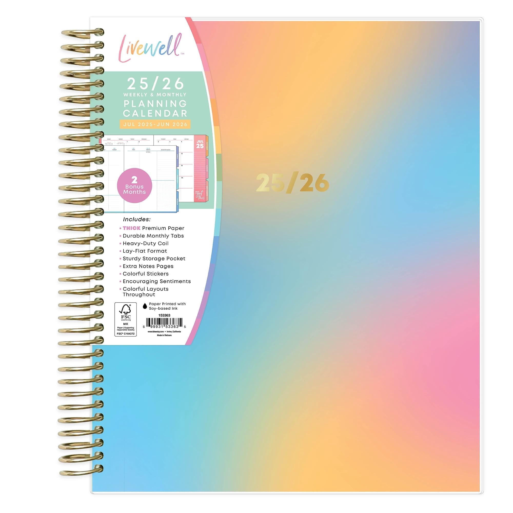 Blue Sky LiveWell 2025-2026 Academic Year Weekly and Monthly Planner Calendar, July 2025 - June 2026, 12-Month, 7" x 9", Flexible Cover, Wirebound, Laminated Tabs, Storage Pocket, Stickers, Beck