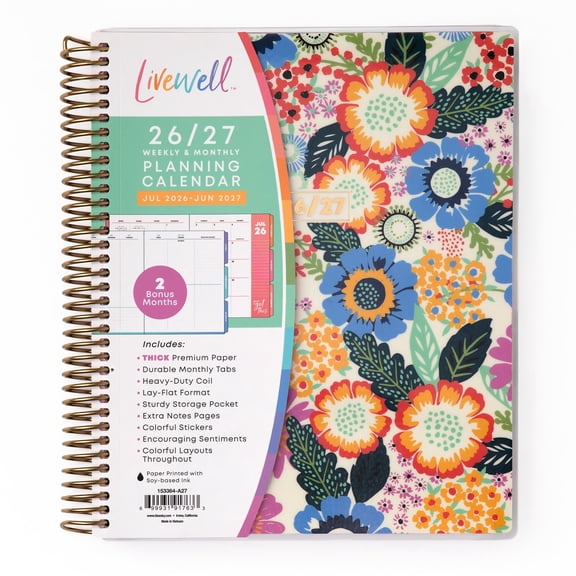 Blue Sky Livewell 2026-2027 Weekly and Monthly Academic Year Planner Calendar, July 2026 - June 2027, 7" x 9", Flexible Cover, Wirebound, Colorful Interior, Storage Pocket, Includes Stickers, Charmie