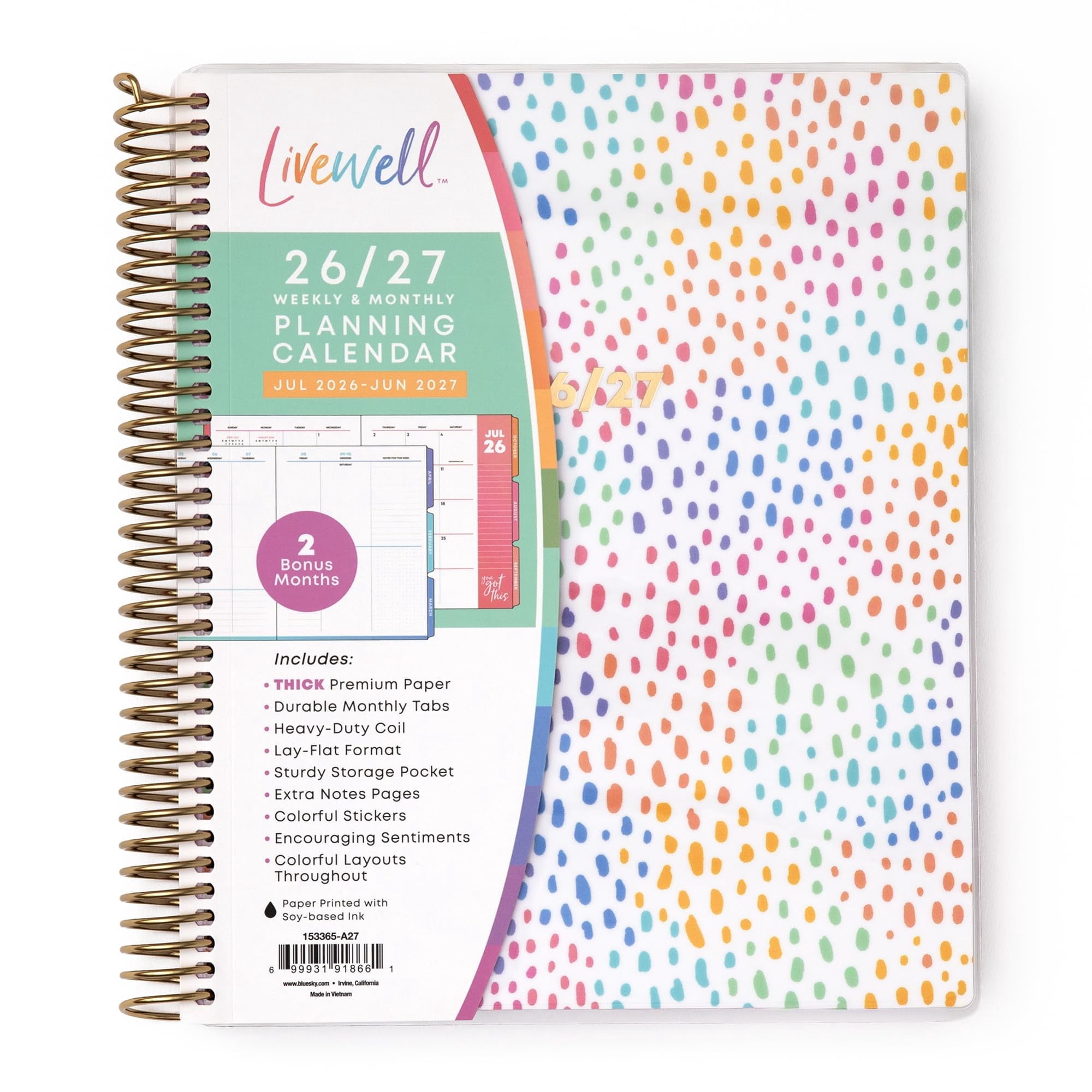 Blue Sky Livewell 2026-2027 Weekly and Monthly Academic Year Planner Calendar, July 2026 - June 2027, 7" x 9", Flexible Cover, Wirebound, Colorful Interior, Storage Pocket, Includes Stickers, Rainbow