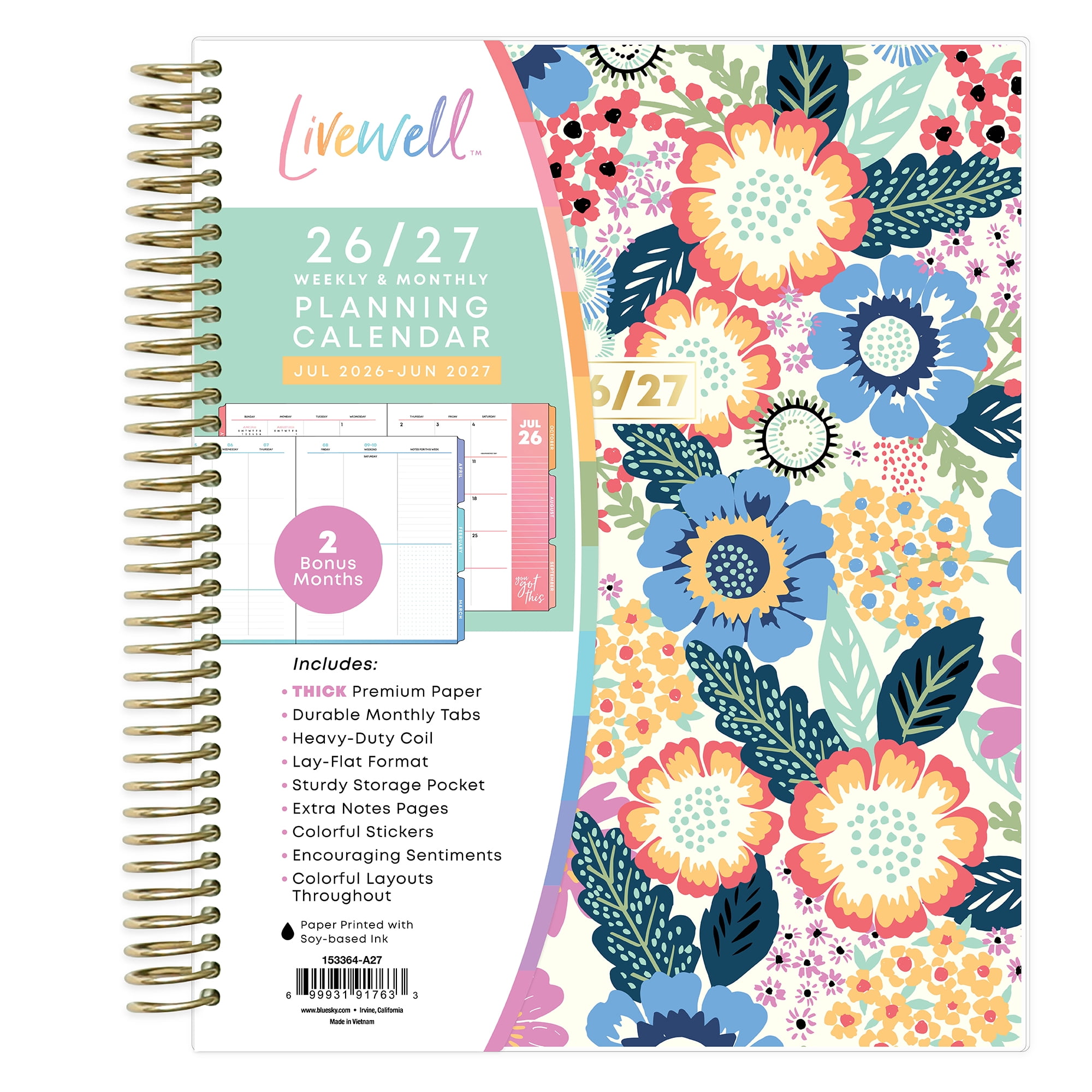 Blue Sky Livewell 2026-2027 Weekly and Monthly Academic Year Planner Calendar, July 2026 - June 2027, 7" x 9", Flexible Cover, Wirebound, Colorful Interior, Storage Pocket, Includes Stickers, Charmie