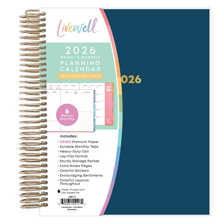 Blue Sky Livewell 2026 Daily and Monthly Planner Calendar, January 2026 - December 2026, 7" x 9", Flexible Laminated Cover, Heavy Duty Binding, Colorful Premium Paper, Storage Pocket, Stickers, Navy