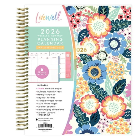 Blue Sky Livewell 2026 Weekly and Monthly Planner Calendar, January 2026 - December 2026, 7" x 9", Flexible Laminated Cover, Heavy Duty Binding, Colorful Paper, Storage Pocket, Stickers, Charmie