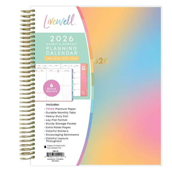 Blue Sky Livewell 2026 Weekly and Monthly Planner Calendar, January 2026 - December 2026, 7" x 9", Flexible Laminated Cover, Heavy Duty Binding, Colorful Premium Paper, Storage Pocket, Stickers, Beck