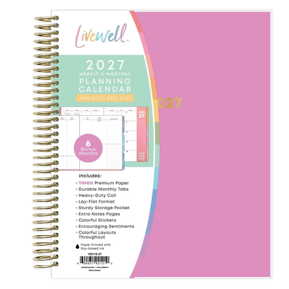 Blue Sky Livewell 2027 Weekly and Monthly Planner Calendar, January 2027 - December 2027, 7" x 9", Flexible Cover, Durable Twin Wire Binding, Colorful Pages, Storage Pocket, Includes Sticker, Magenta