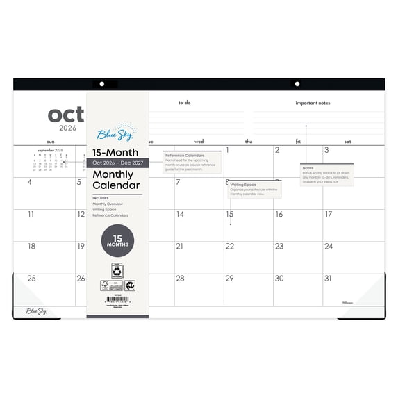Blue Sky Monthly Desk Pad, 17" x 11", To-Do 15-Month (October 2026 - December 2027)