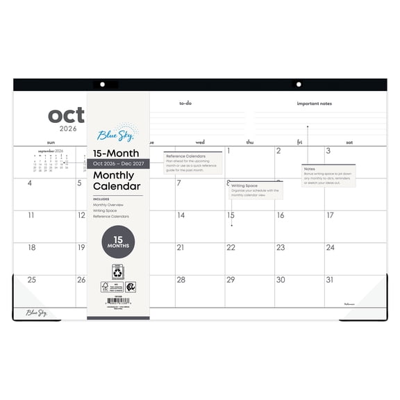 Blue Sky Monthly Desk Pad, 17" x 11", To-Do 15-Month (October 2026 - December 2027)