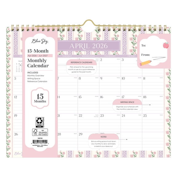 Blue Sky Monthly Wall Calendar, 11" x 8.75", Floral 15-Month (April 2026 - Dec 2027)