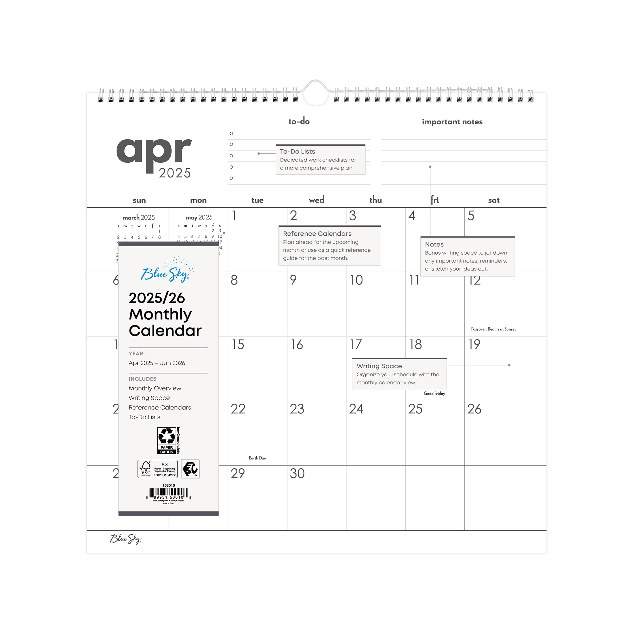 Blue Sky Monthly Wall Calendar Medium (12" x 12") To-Do 15-Month (April 2025 - June 2026)