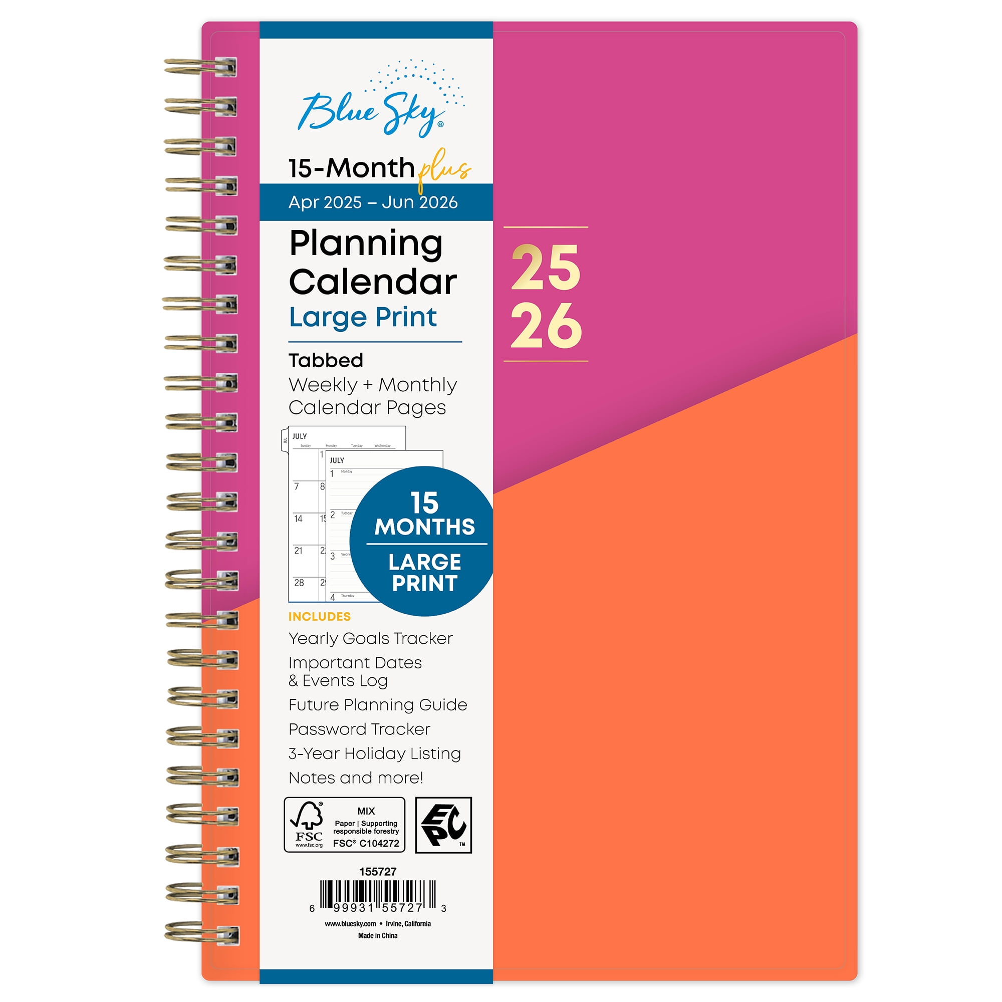 Blue Sky Monthly Weekly Medium (5" x 8") Orange Pink 15-Month (April 2025 - June 2026)