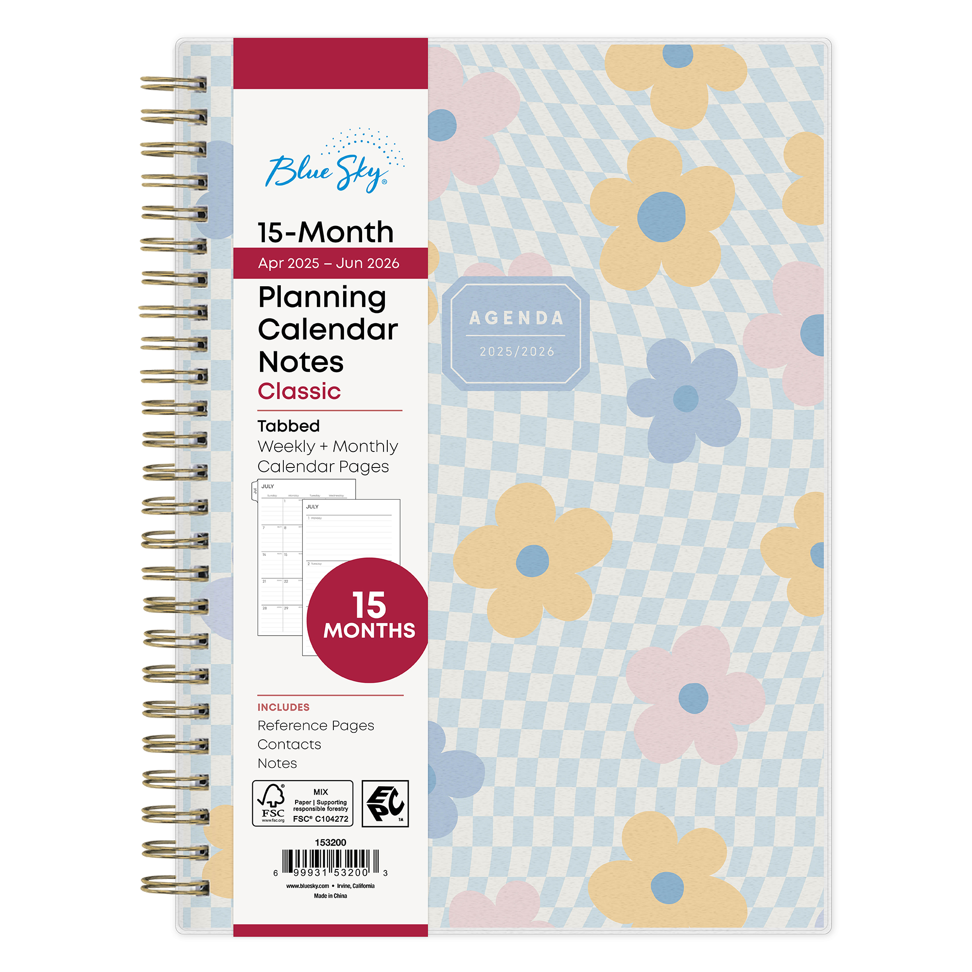 Blue Sky Weekly Monthly Pocket Planner - April 2025 - June 2026, Contacts Notes Tabbed