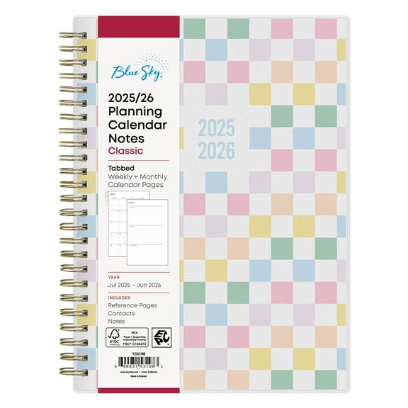 Blue Sky Monthly Weekly Notes Medium Planner, 5.875" x 8.625", Fun Checker 12-Month (July 2025 - June 2026)