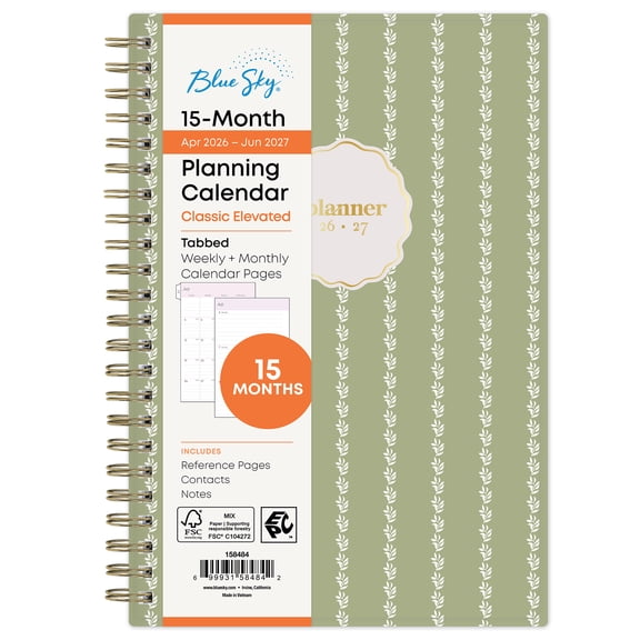 Blue Sky Monthly Weekly Planner, 5" x 8", Simple Sage 15-Month (April 2026 - June 2027)