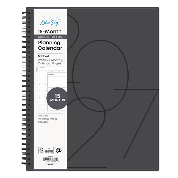Blue Sky Monthly Weekly Planner, 8.5" x 11", Charcoal 15-Month (October 2026 - December 2027)