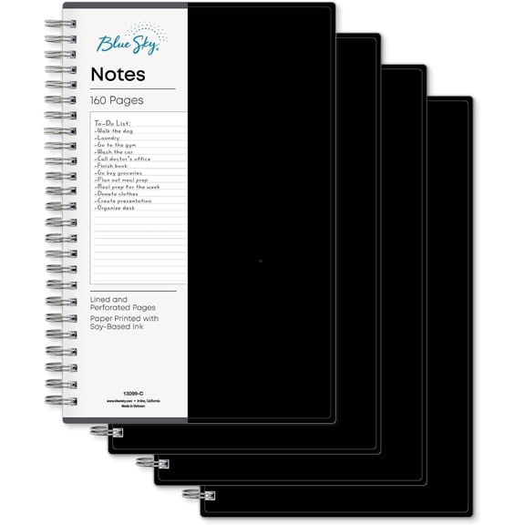 Blue Sky Notes Professional Notebook, 5.5" x 8.5" Journal, 4 Pack, Black, Flexible Cover, Durable Twin-Wire Binding, 160 Lined and Perforated Notes Pages, Undated, Office and School