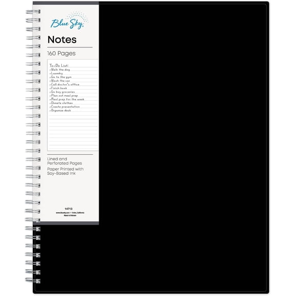 Blue Sky Notes Professional Notebook, Flexible Cover, Twin-Wire Binding, Lined and Perforate Pages, 8.5" x 11", Black (14713)