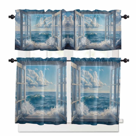 Blue Sky Ocean Kitchen Curtains and Valances Set, 3 Piece Kitchen Curtains Set 36 Inch Length, Coastal Sea Waves Summer Window Scenery Rod Pocket Curtains Tier Farmhouse Window Curtains