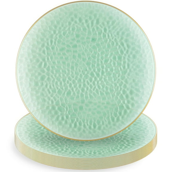 Blue Sky Organic Hammered Green With AFN1Gold Rim Round Plastic Plates - 10" (10 Count) | Elegant Disposable Dinnerware for Parties & Events