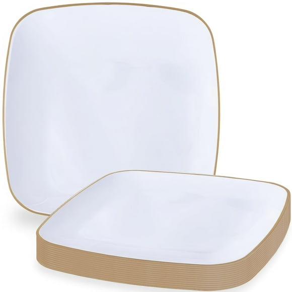 Blue Sky Organic White Disposable Plates MTN16" Square (10 Count) | Gold-Rimmed Plastic Dinnerware Party Essentials