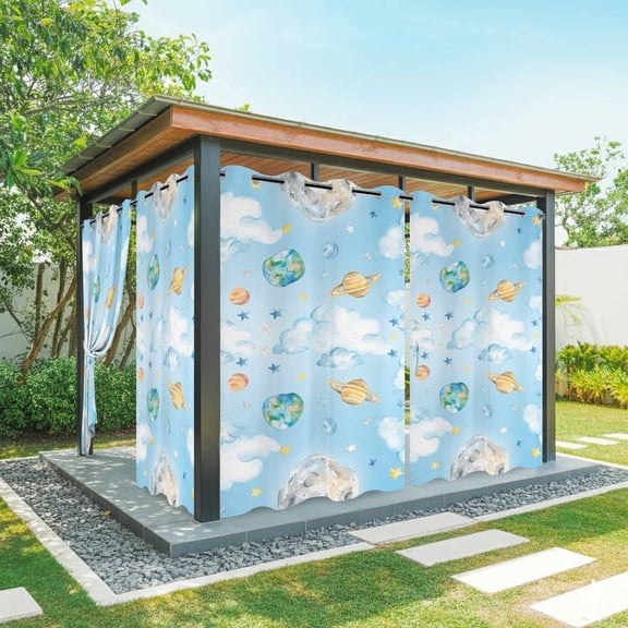 Blue Sky Outdoor Curtains for Patio Waterproof, Grommet Outdoor Privacy Panels, Cartoon Cute Planets Universe Star Cloud Weatherproof Outside Curtains for Porch/Cabana 54"Wx84"L, 1 Panel