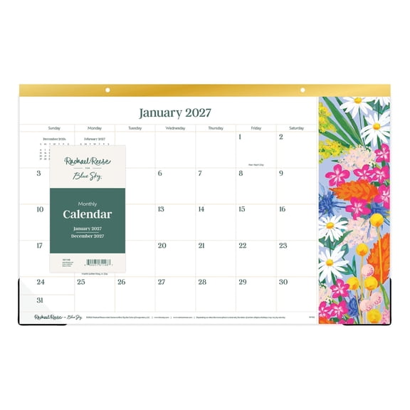 Blue Sky Rachael Reese 2027 Monthly Desk Pad Planner Calendar, January 2027 - December 2027, 17" x 11", Large Desktop Blotter, Perforated Pages, Corner Protectors, Spring Bouquet