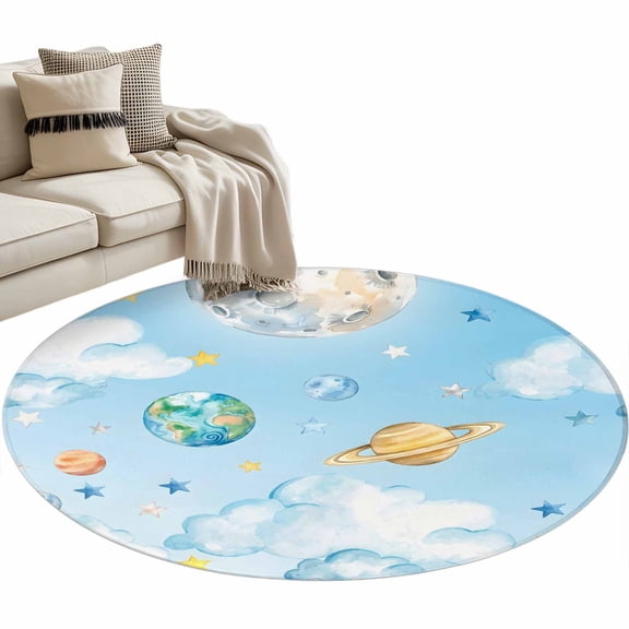 Blue Sky Round Rug 3ft Washable Circle Entryway Rugs Non Slip Cartoon Cute Planets Universe Star Cloud Area Rug Indoor Floor Carpet for Bedroom Kitchen Living Room Home Office Dining Room Nursery