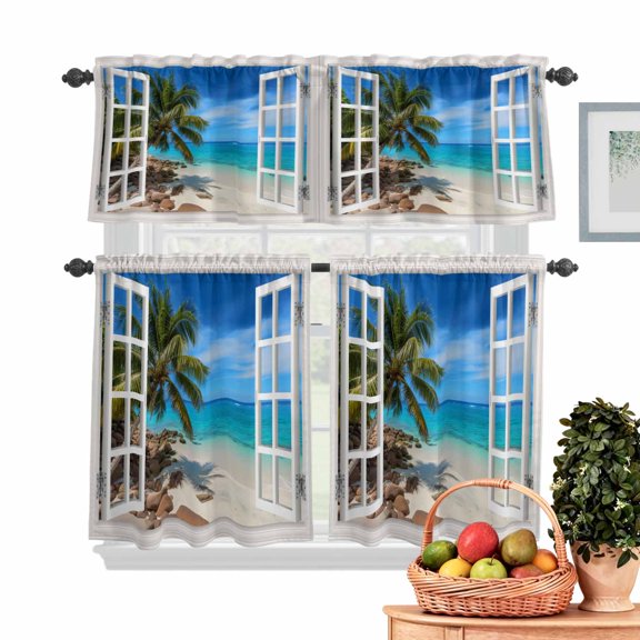 Blue Sky Sandy Beach Kitchen Curtains Valances 3 Piece Set, Coconut Trees Windows View Rod Pocket Tier Curtain and Valance Drapes for Small Window 36 Inch Length for Bedroom Cafe
