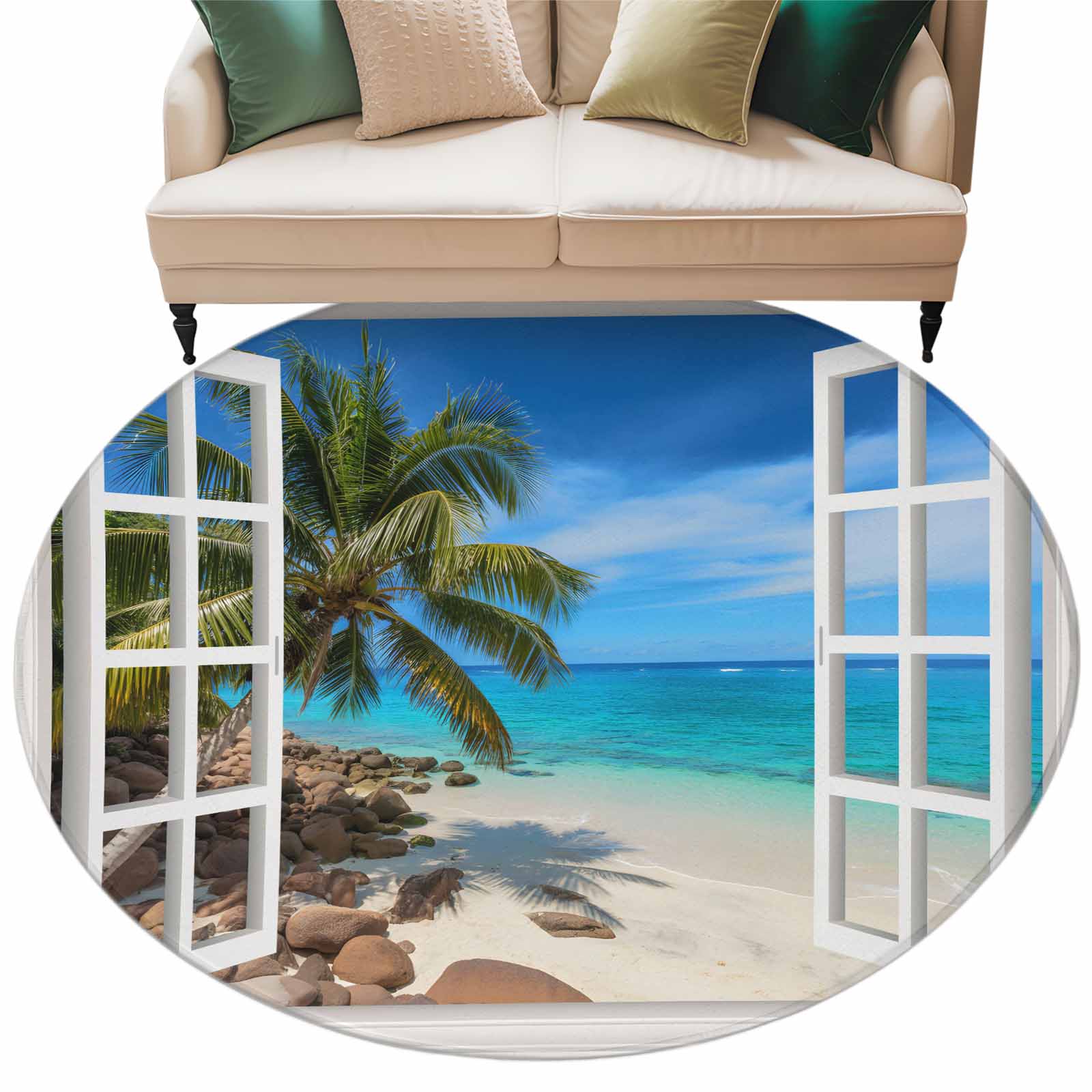 Window Rug Blue Sky Sandy Beach Round Area Rug 5ft Coconut Trees Windows View Non ...