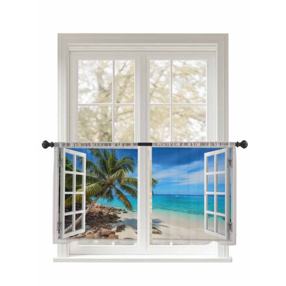 Blue Sky Sandy Beach Sheer Curtains 2 Panels Set Coconut Trees Windows View Lihgt Filtering Rod Pocket Voile Drape, Semi Sheer Window Curtains for Bedroom Living Room, 52"x54"