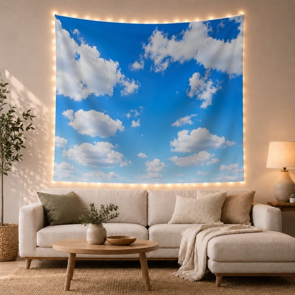Blue Sky with Scattered White Clouds, Calming Minimalist for Nature Lovers, Atmospheric Wall Art, Housewarming Gift, Tapestry Wall Hanging for Bedroom and Living Room