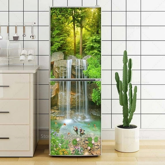 Blue Sky Sea Beach Fridge Door Wrap Mural Sticker Waterproof PVC Forest Waterfall 3D Wallpaper Regri