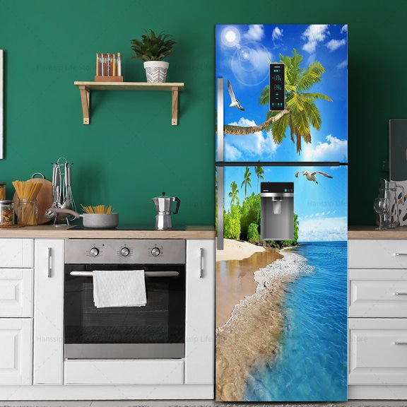 Blue Sky Sea Beach Fridge Door Wrap Mural Sticker Waterproof PVC Forest Waterfall 3D Wallpaper Regri
