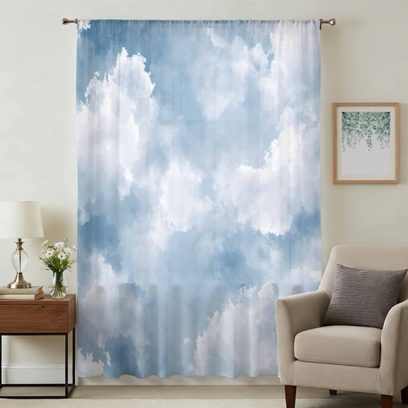Blue Sky Sheer Curtains 45 Inches Long, Cloud Gradient Natural Landscape Scenery Light Filering Curtains, Breathable Simi Curtain Privacy Drapes for Kitchen Bathroom Small Window Treatment