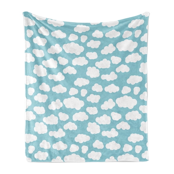 Blue Sky Soft Flannel Fleece Blanket, Repetitive Bicolour Clouds Fluffy Cartoon Style Pattern Monochrome, Cozy Plush for Indoor and Outdoor Use, 70" x 90", Pale Turquoise and White, by Ambesonne