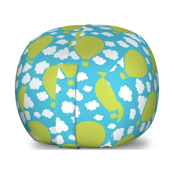 Blue Sky Storage Toy Bag Chair, Graphic Hot Air Balloons Illustration with Puffy Clouds, Stuffed Animal Organizer Washable Bag, Small Size, Yellow Green Sky Blue, by Ambesonne