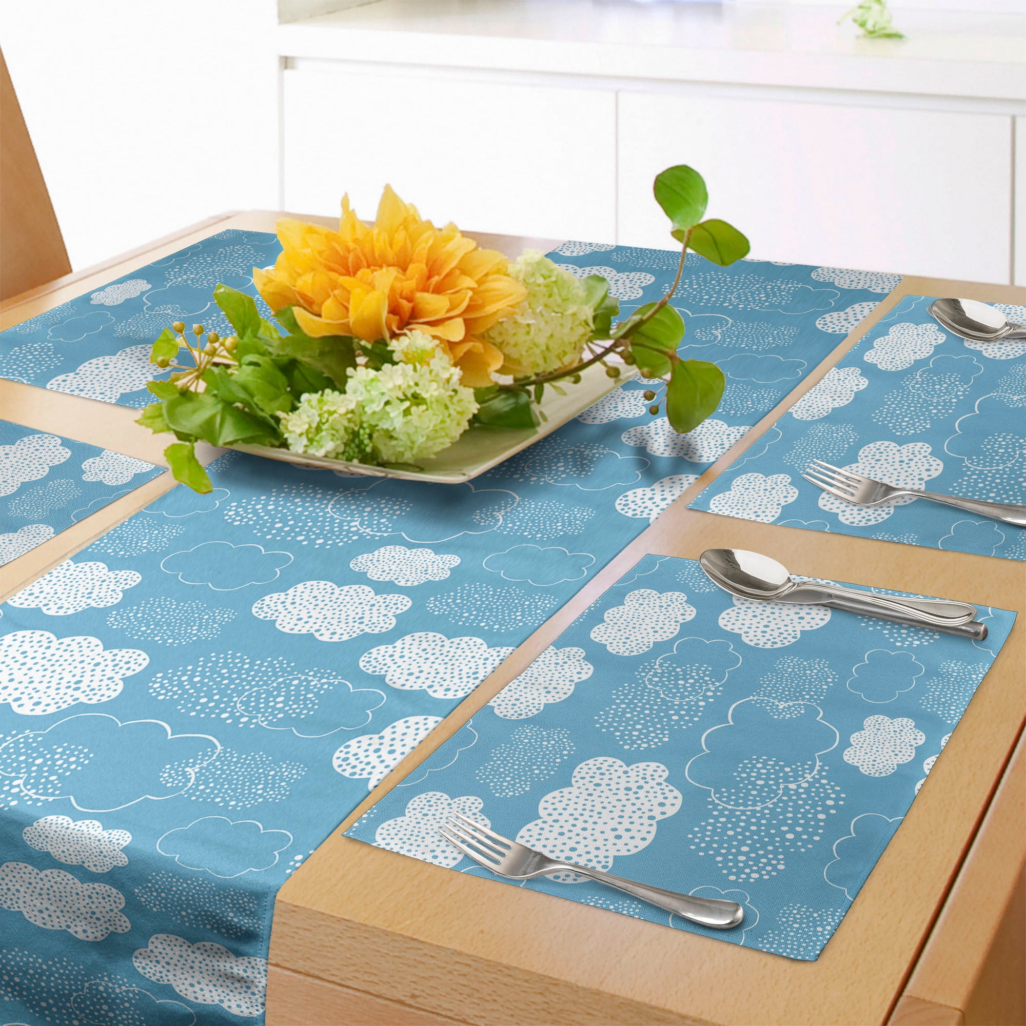 Blue Sky Table Runner & Placemats, Dotted Fluffy Cloud Illustrations
