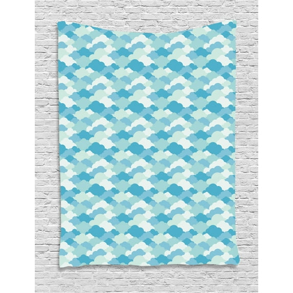 Blue Sky Tapestry, Overlapping Fluffy Cloudscape Simplistic Cumulus Repetitive Pattern, Wall Hanging for Bedroom Living Room Dorm Decor, 40W X 60L Inches, Sky Blue and Pale Seafoam, by Ambesonne