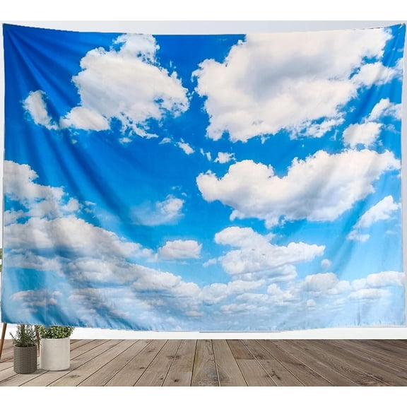 Blue Sky Tapestry White Cloud Tapestry Wall Hanging Ceiling Tapestries Clear Sunny Sky Clouds Backdrop Art Poster Wall Decor for Bedroom Living Room Dorm Kitchen Bathroom, 80x60 Inch