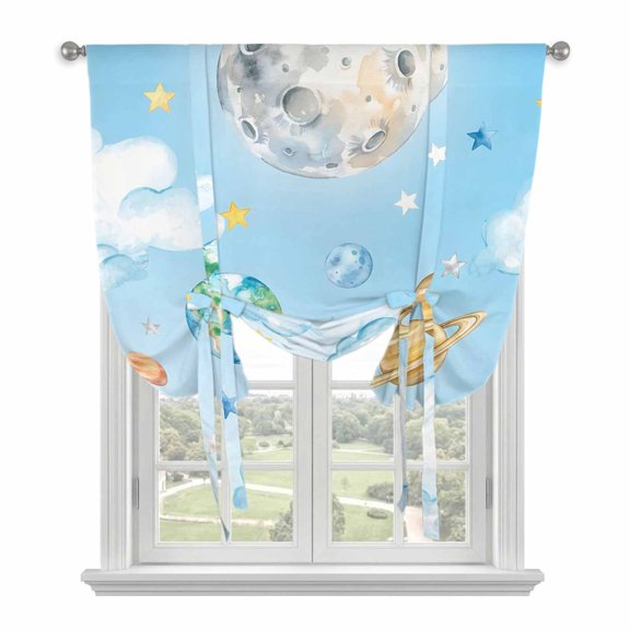 Blue Sky Tie Up Curtains for Window, Thermal Insulated Balloon Shade Adjustable Rod Pocket Curtains Valance Panels for Kitchen Bathroom Cafe 34 x 45 Cartoon Cute Planets Universe Star Cloud