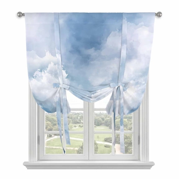 Blue Sky Tie Up Curtains for Windows, Adjustable Rod Pocket Valance Shade, Cloud Gradient Natural Landscape Scenery Light Filtering Window Treatment for Kitchen Bedroom Living Room 34"x 45"